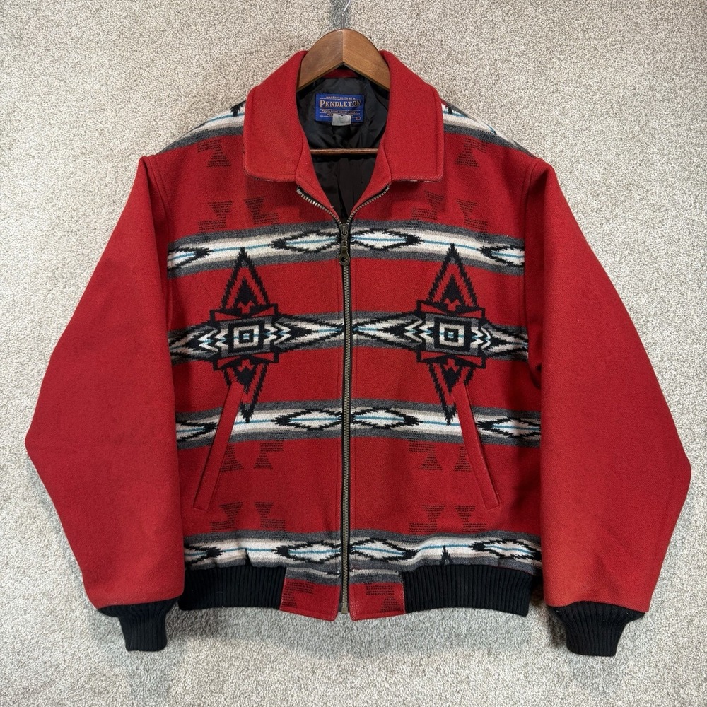 VTG Pendleton Bomber Jacket Aztec Southwestern Blanket Wool Blend Red Trucker Lg